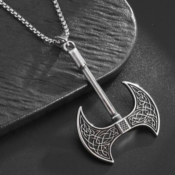 Double Sided Viking Norse Axe Necklace Stainless Steel - Picture 10 of 11